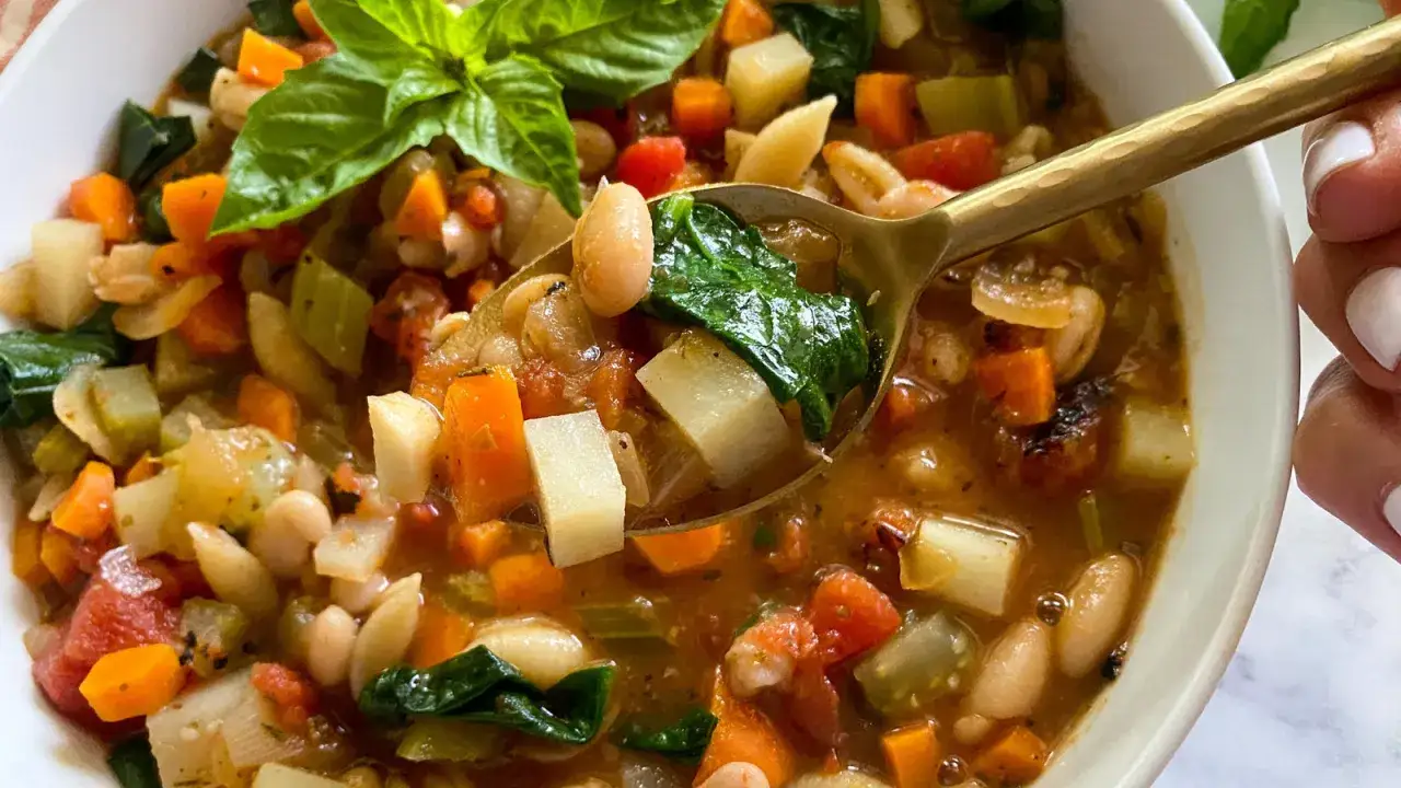 Herzhaftes Minestrone Rezept mit viel Gemüse, Bohnen und Pasta. Ein Löffel voller Genuss!