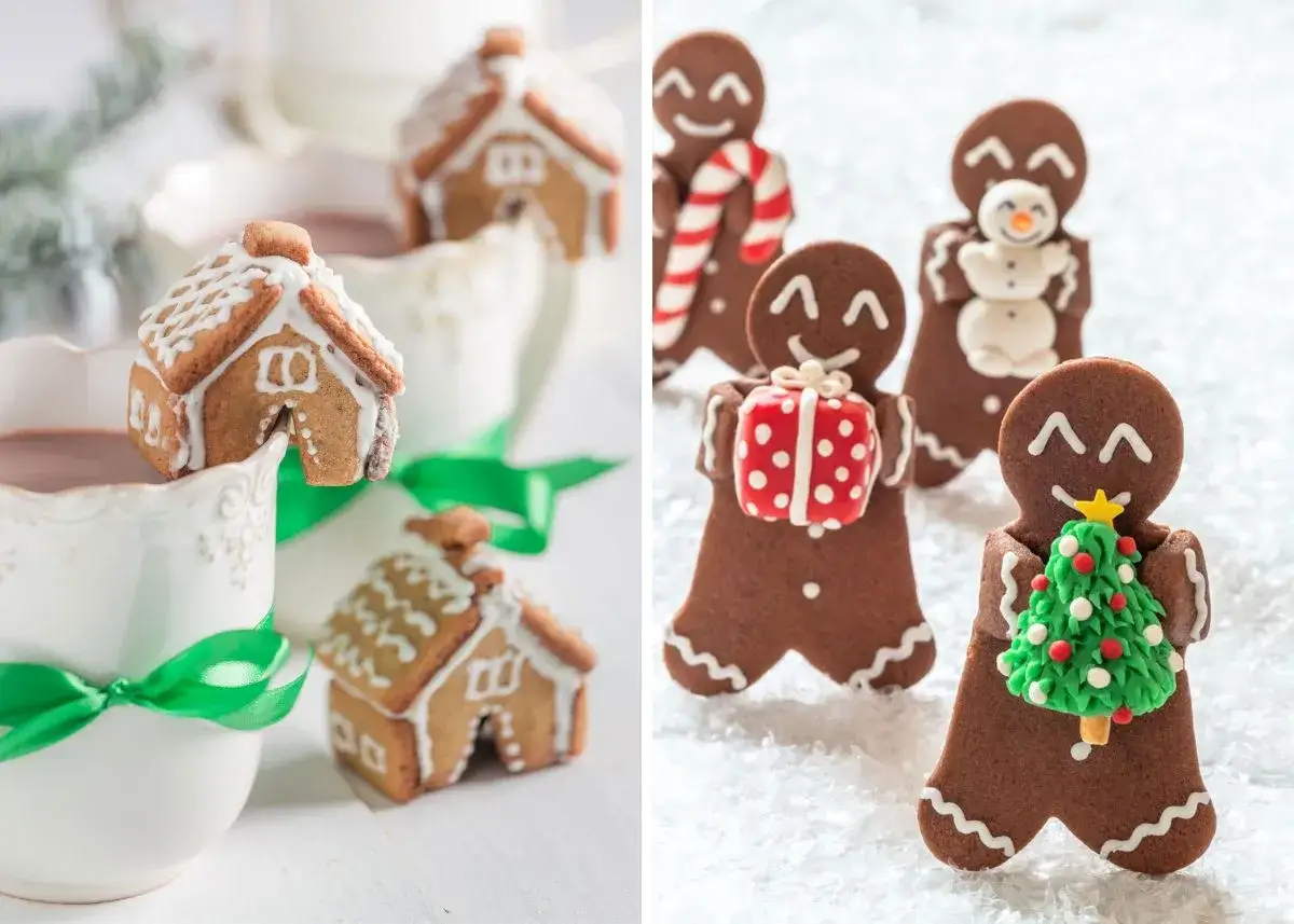 Casitas y hombrecitos de galletas de jengibre navidad decorados con glaseado blanco y detalles festivos.