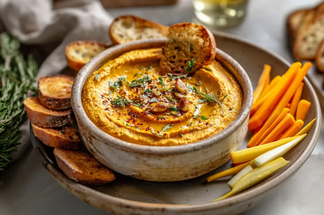 Un d&eacute;licieux beurre de courge, garni d'herbes et d'&eacute;pices, servi avec des toasts croustillants et des b&acirc;tonnets de carottes color&eacute;s.