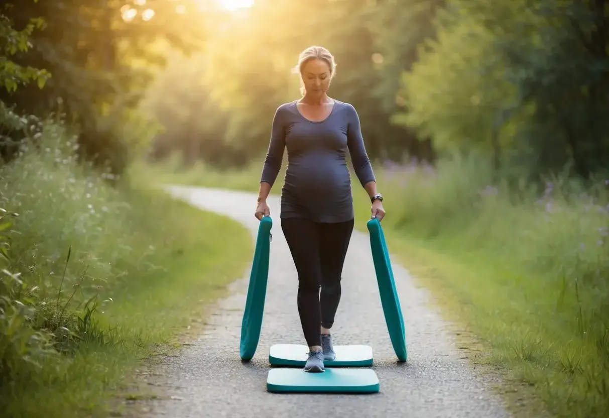 Femme enceinte marchant sur un sentier, portant des tapis de yoga. Elle se prépare pour le post-partum, se demandant combien de temps marcher après accouchement.