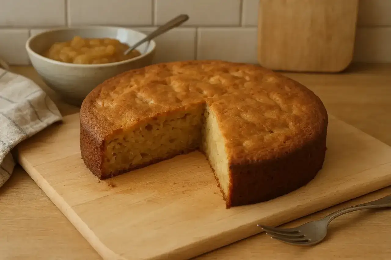 Gâteau moelleux, une part coupée, servi avec de la compote. Idéal pour remplacer 100 g de beurre par compote pour une version plus légère.