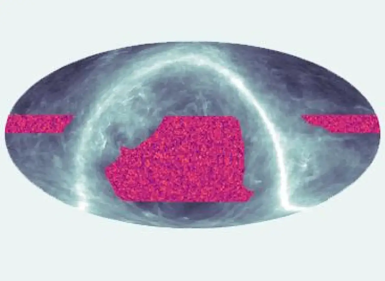 Karta &ouml;ver himlen som visar f&ouml;rdelningen av **svart materia**. Rosa omr&aring;den indikerar m&auml;tdata.