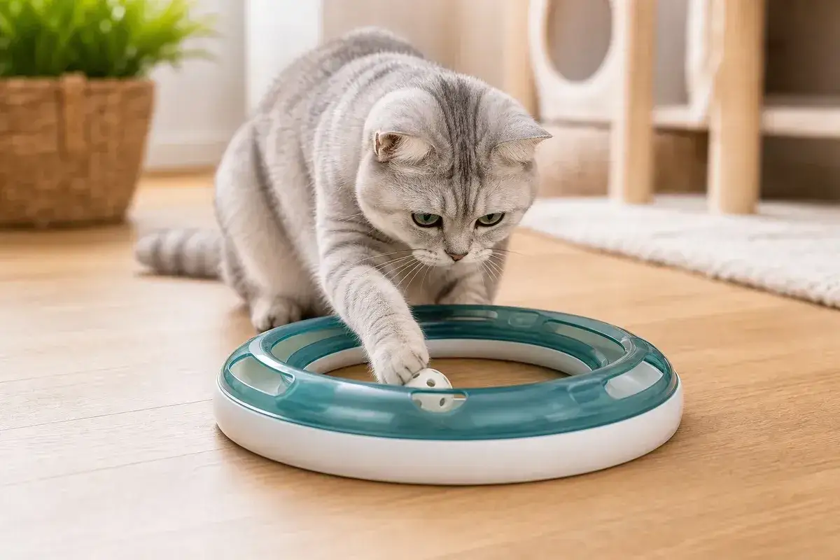 Gr&aring;randig katt leker med en leksak med boll, en rolig aktivitet som kan hj&auml;lpa till att visa hur bantar man en katt genom lek.