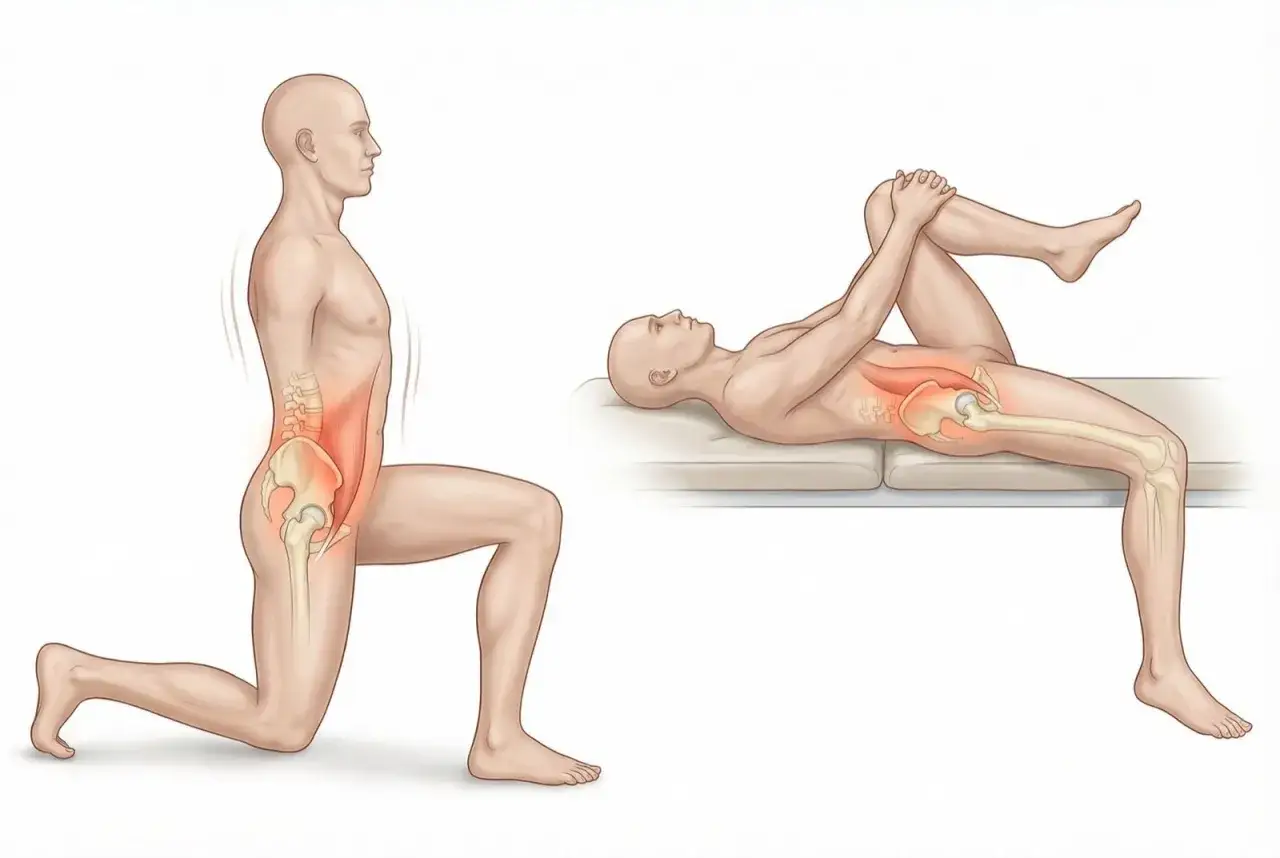Deux postures pour l'&eacute;tirement psoas : fente avant et genoux poitrine au sol.