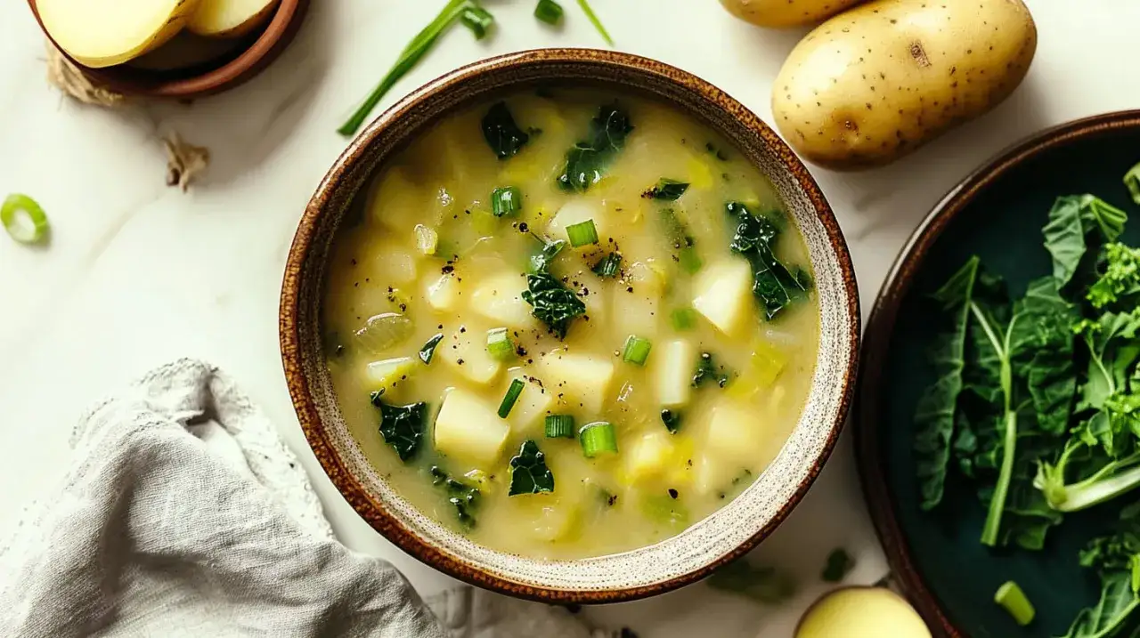A miseczce paruje aromatyczna zupa z jarmużu z ziemniakami i szczypiorkiem. Obok świeże składniki.