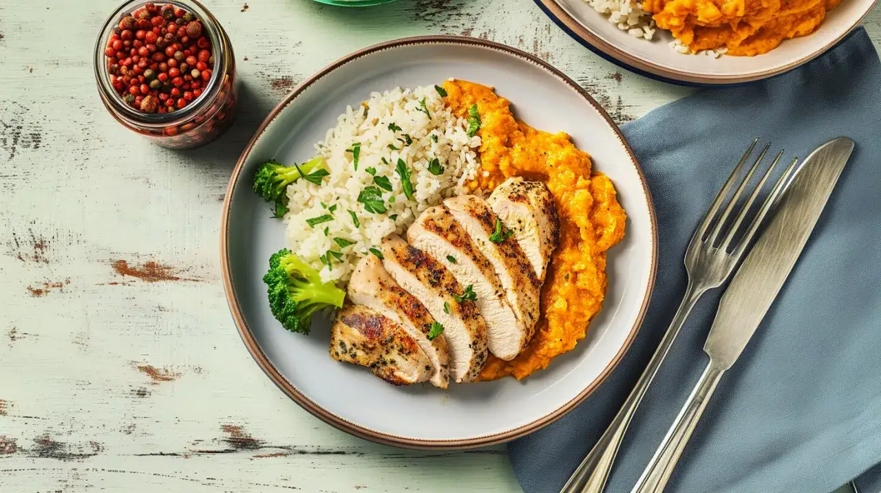 Idealny pomysł na obiad dietetyczny: grillowany kurczak z ryżem, puree z dyni i brokułami. Smacznie i zdrowo!