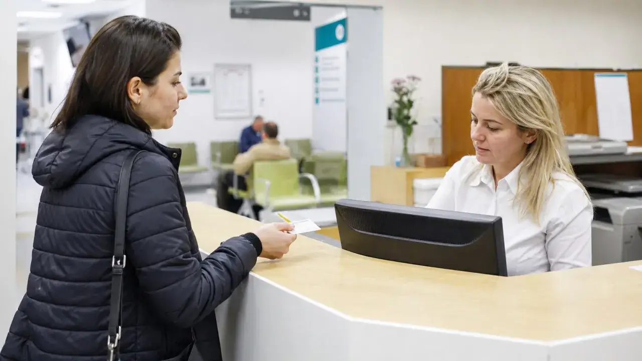 Kobieta w czarnej kurtce podaje dokumenty pracownicy recepcji. To może być początek drogi do uzyskania ubezpieczenia zdrowotnego dla bezrobotnych.