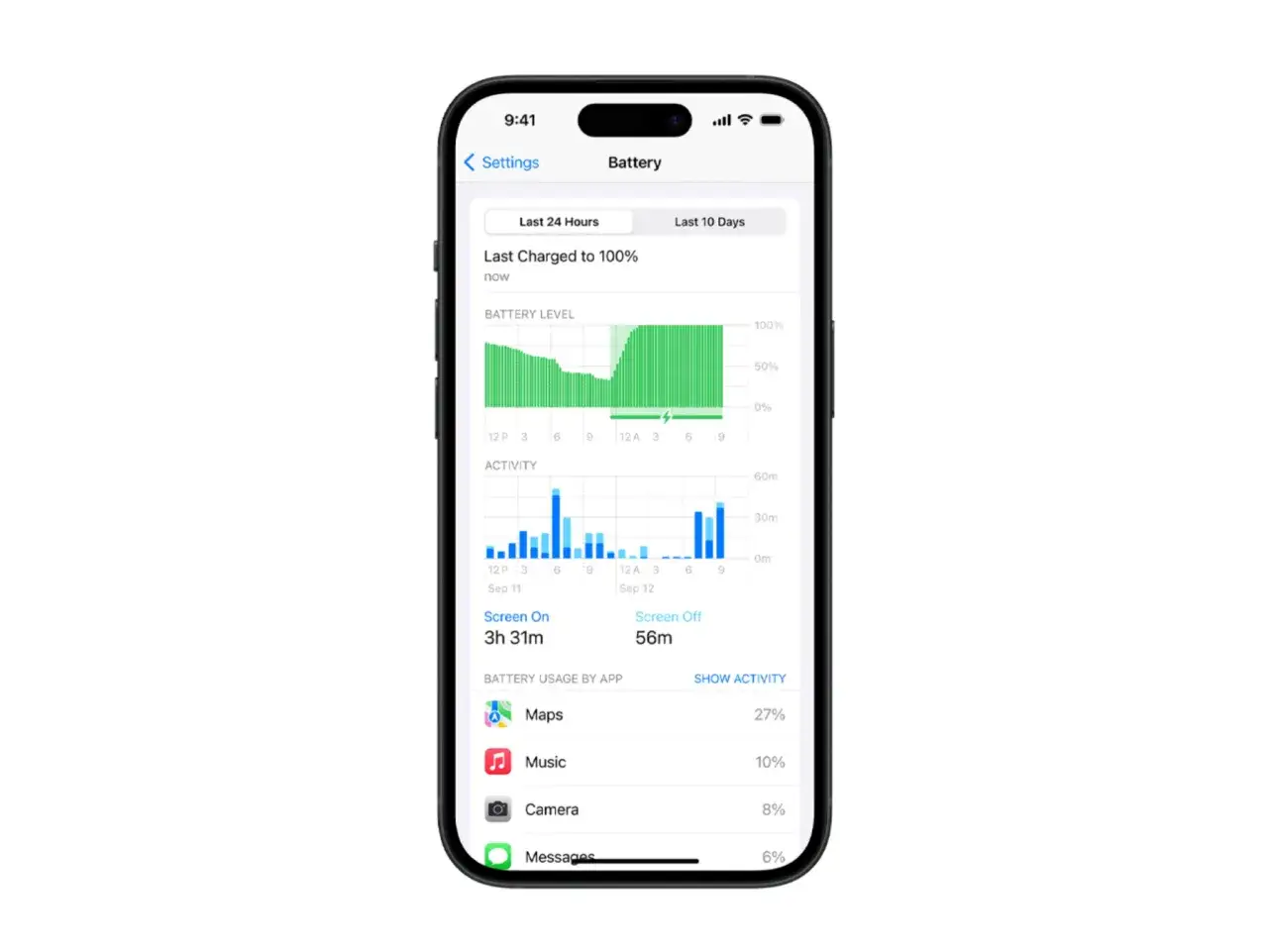 Ekran iPhone'a z ustawieniami baterii. Widoczny wykres poziomu baterii i aktywności. Kalibracja baterii iPhone może pomóc w dokładniejszym odczycie.