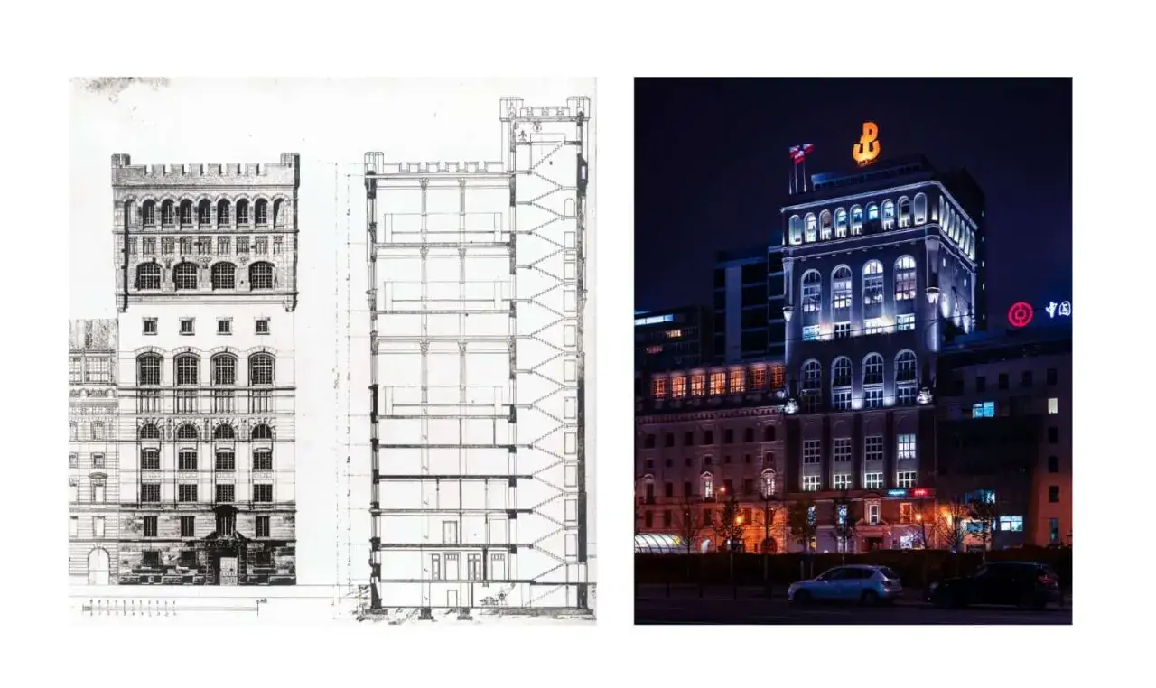 Architektoniczny rysunek i nocne zdjęcie budynku PAST-y.