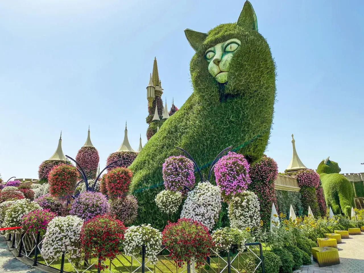 Gigantyczny kot z żywych roślin w Miracle Garden w Dubaju, otoczony kolorowymi kwiatami i architekturą przypominającą pałac.