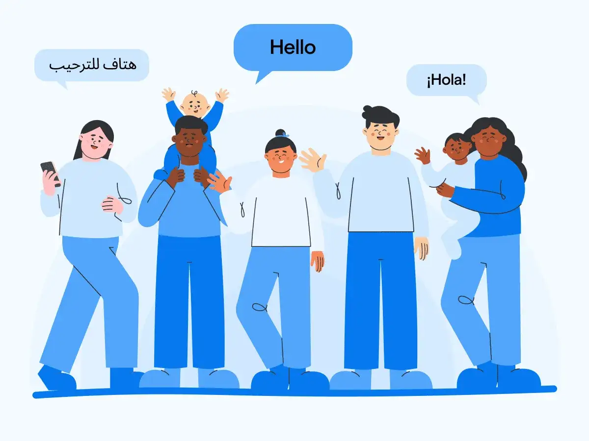 Personas de diversas culturas saludan en diferentes idiomas, mostrando la **diferencia entre speak y talk** al comunicarse globalmente.