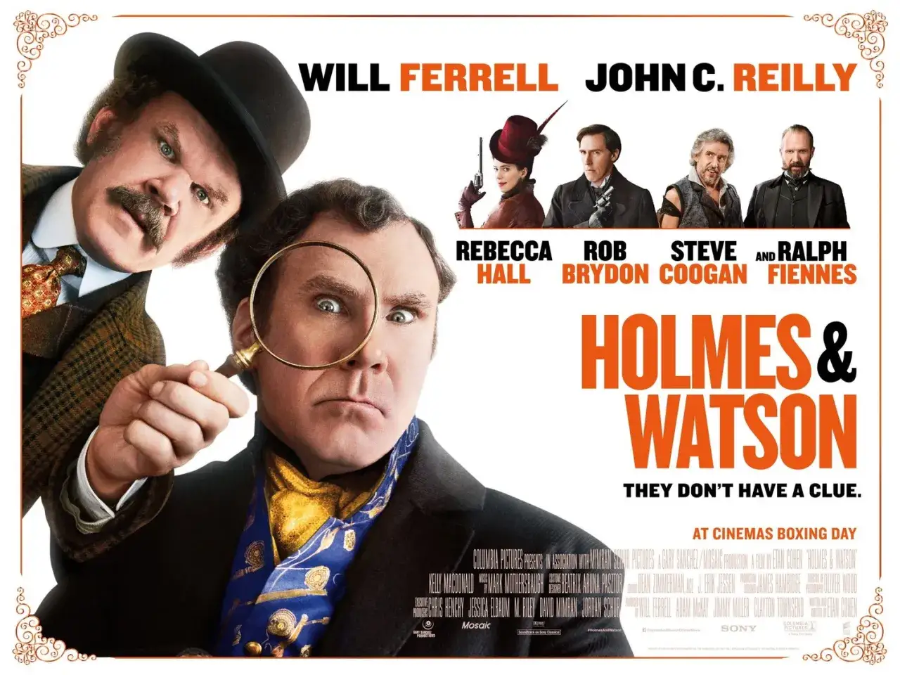 Will Ferrell och John C. Reilly i filmen Holmes & Watson. De ser ut att leta efter ledtrådar med förstoringsglas.