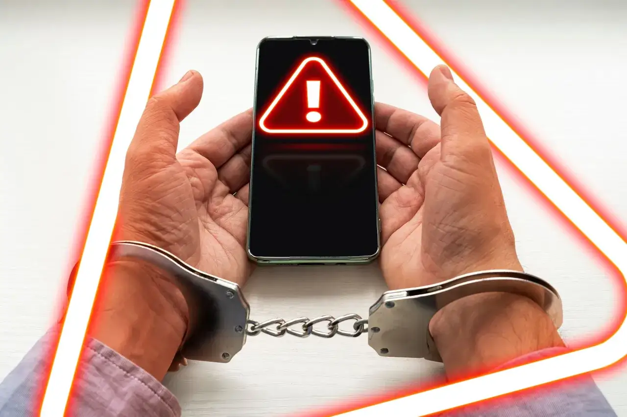 Dłonie w kajdankach trzymają smartfon z czerwonym znakiem ostrzegawczym. To symbol uzależnienia od telefonu.