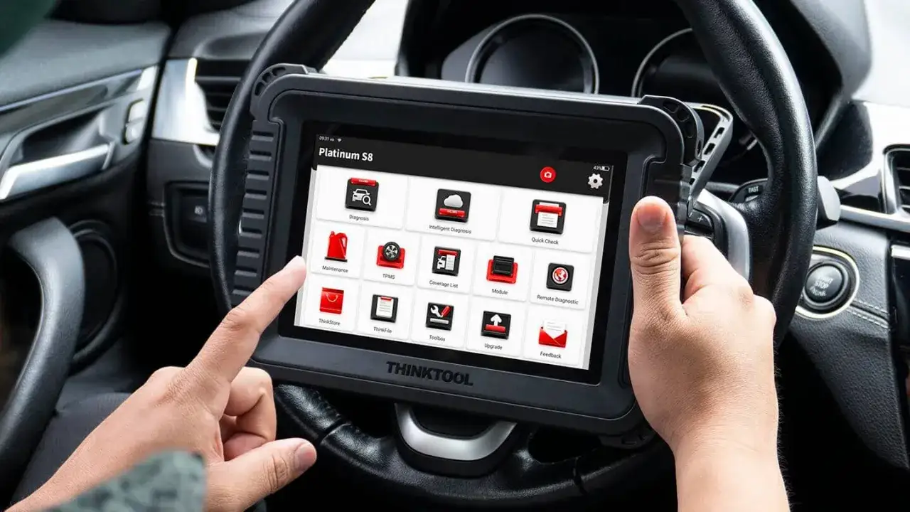 Ręce trzymają tablet diagnostyczny Thinktool Platinum S8 w samochodzie. Ekran pokazuje opcje: Diagnosis, Maintenance, TPMS. To pokazuje, obd co to za urządzenie.