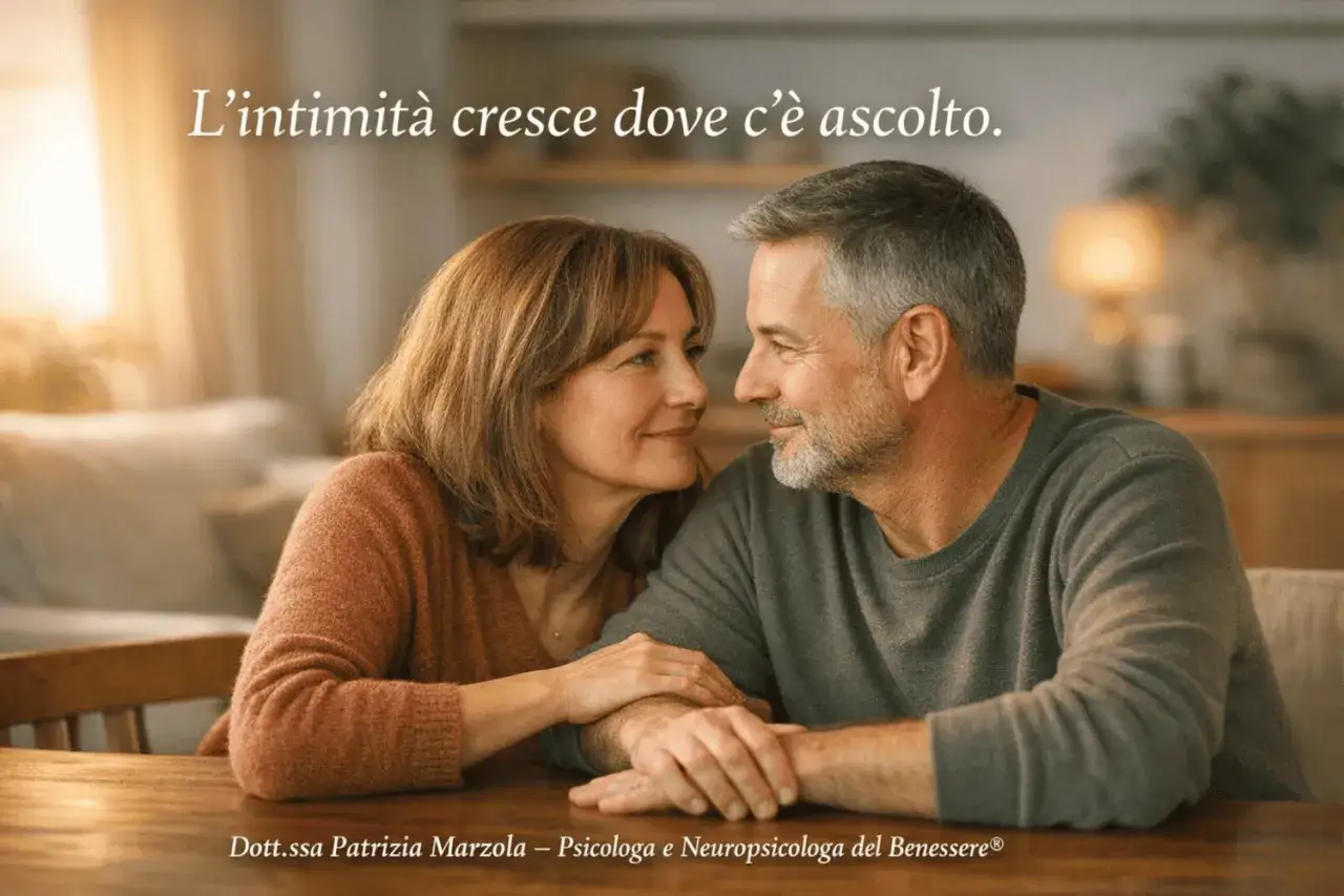 Coppia matura si guarda con affetto, le mani intrecciate. L'intimità che nasce dall'ascolto reciproco è la base per fare l'amore con profondità.