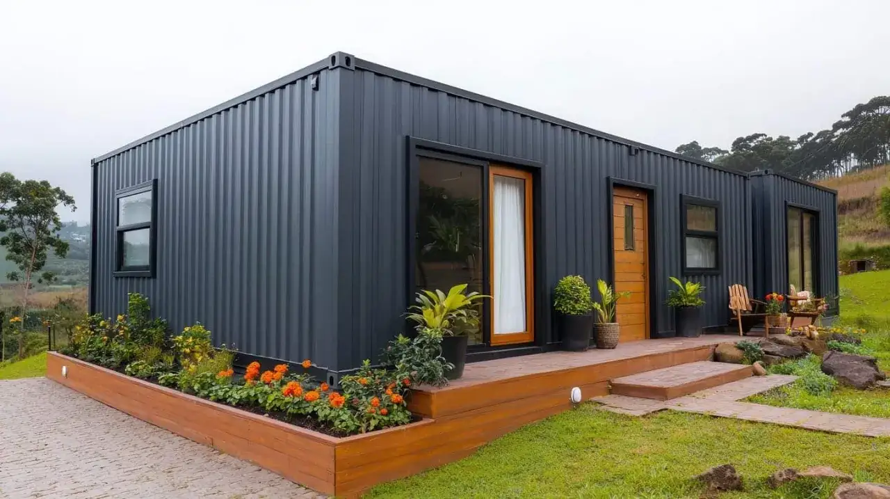 Une maison container moderne, nichée dans un paysage verdoyant, avec une terrasse en bois et un parterre de fleurs éclatantes.