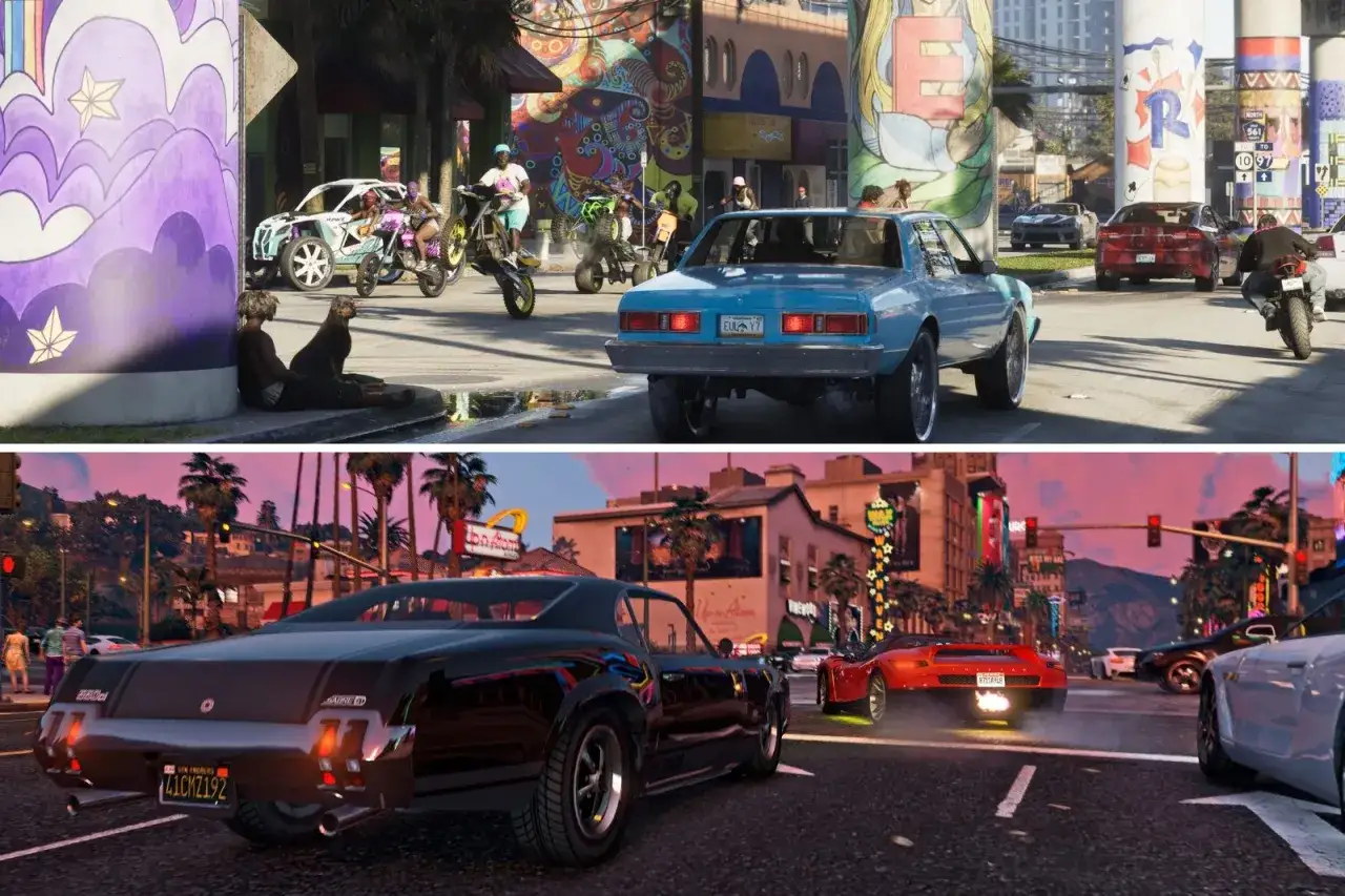 Wizualizacje GTA 6 sugerują wysokie gta 6 wymagania. Miasto tętni życiem, pełne samochodów i motocykli.