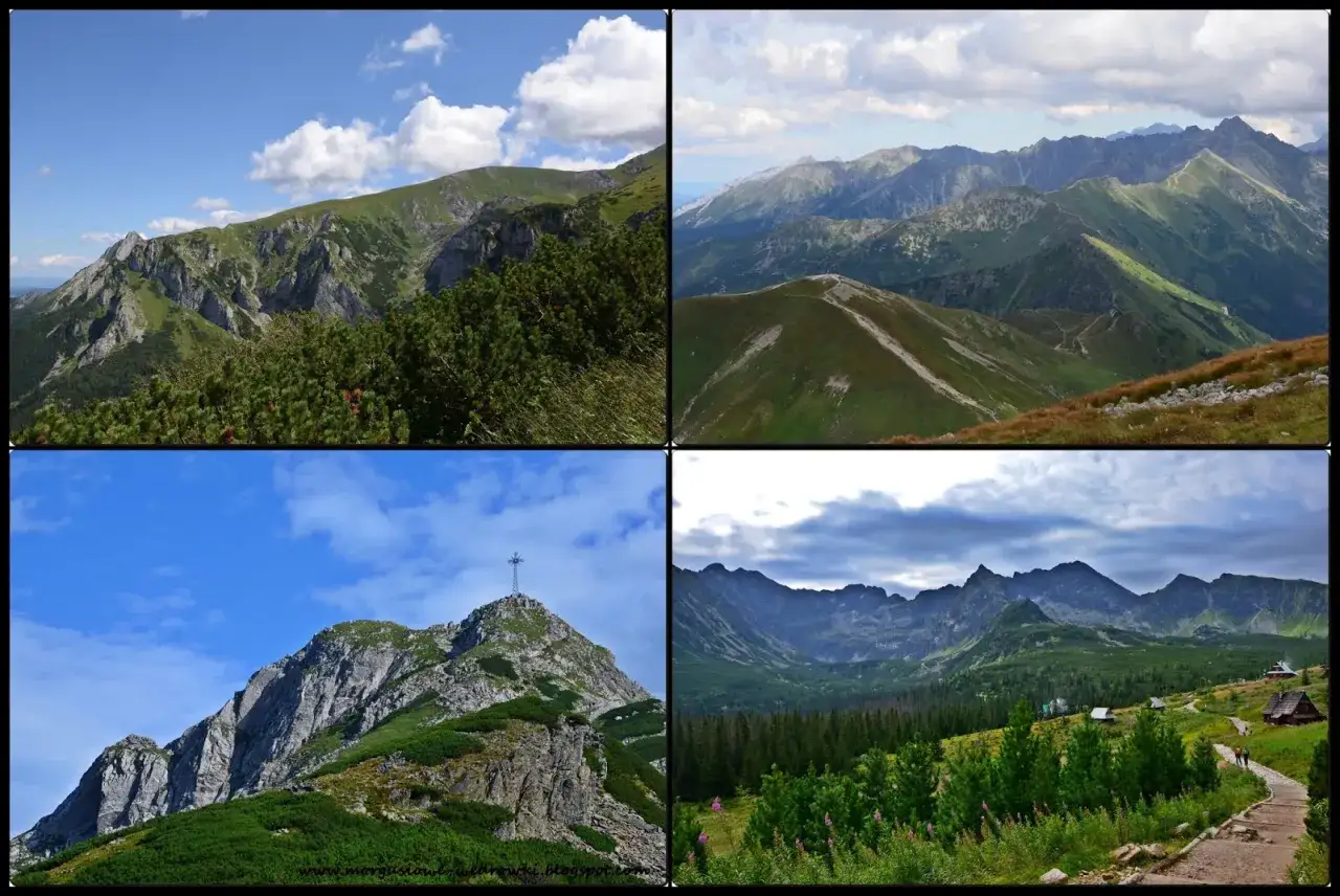 Twarda kopa górskich szczytów, zielone zbocza i skaliste granie. Widok na Tatry z krzyżem na Giewoncie i malowniczą doliną.