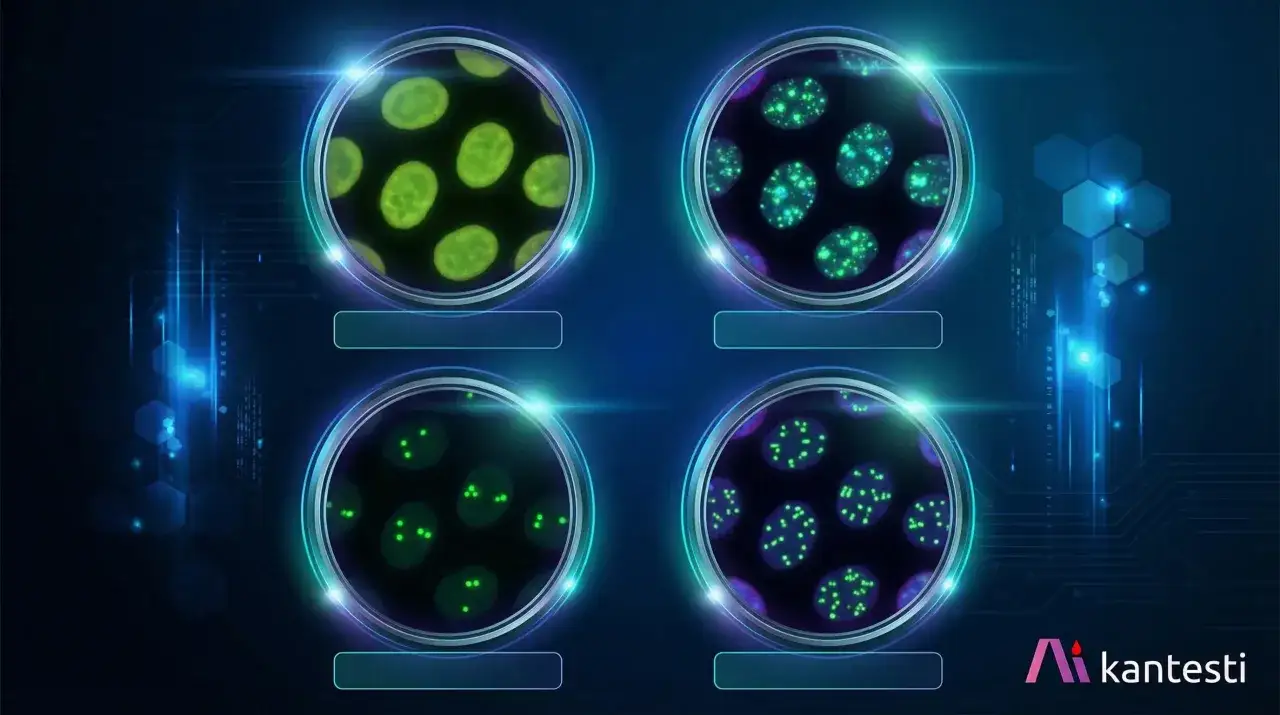 Wizualizacja komórek z różnymi wzorami fluorescencji, sugerująca analizę ana.