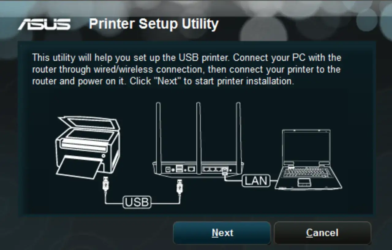 Instalacja drukarki USB przez router. Podłącz komputer, drukarkę i router. Kliknij 