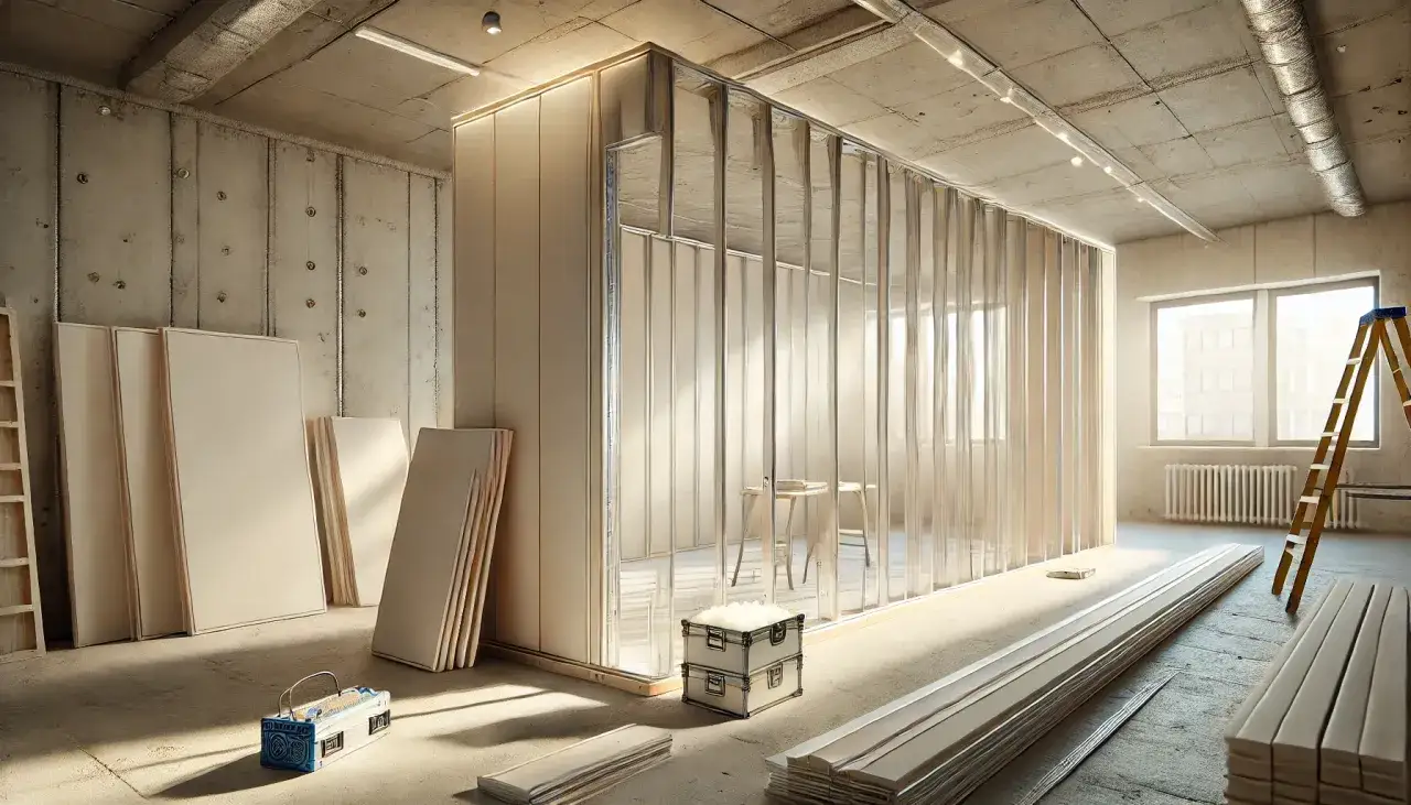 Construcci&oacute;n de diferentes tipos de tabiques interiores con paneles y perfiles met&aacute;licos. Materiales apilados y escalera lista para el montaje.