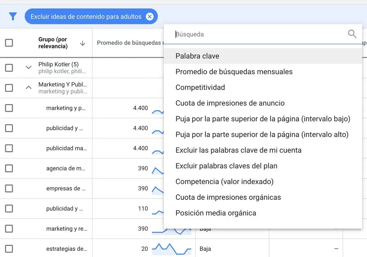 Buscando la palabra clave perfecta en Google Ads, se muestra una lista de opciones para optimizar tu estrategia.