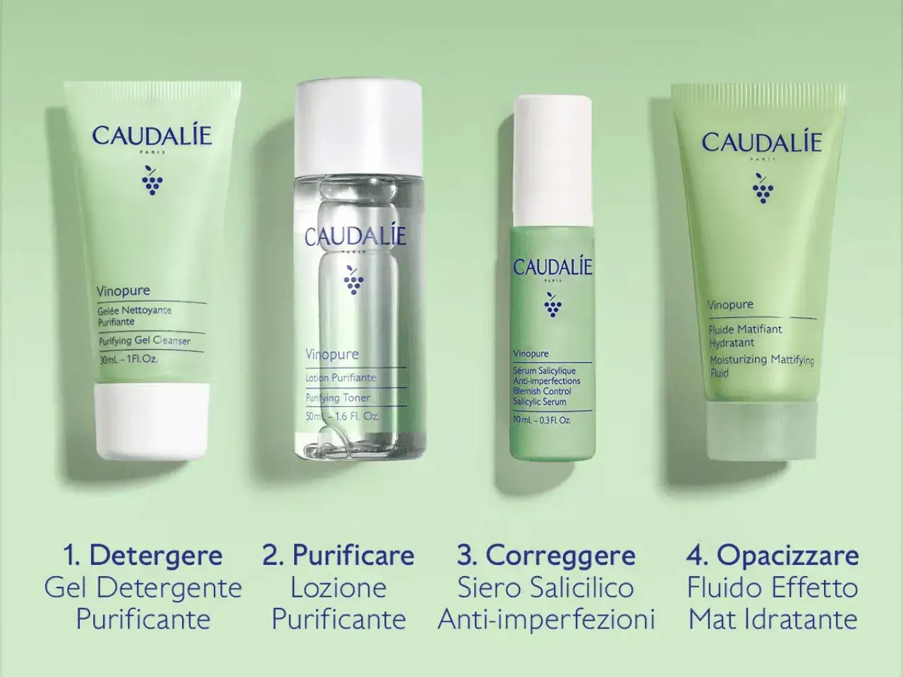 Linea Caudalie Vinopure per skincare routine pelle grassa e acneica: deterge, purifica, corregge e opacizza.