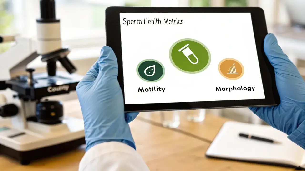 Manos enguantadas sostienen una tableta que muestra m&eacute;tricas de salud esperm&aacute;tica, incluyendo motilidad y morfolog&iacute;a, clave para la fertilidad hombre.