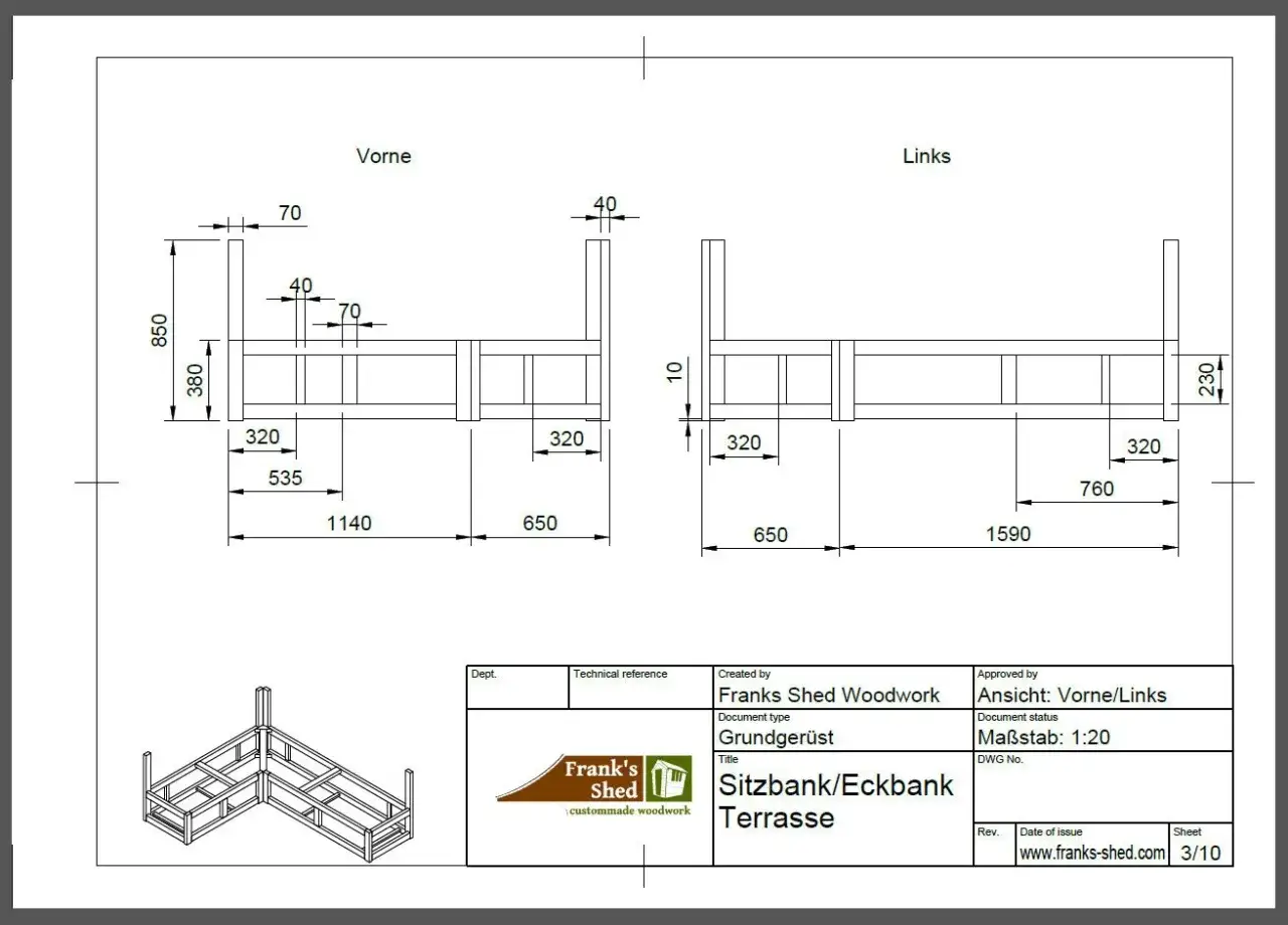 Bauplan f&uuml;r eine Eckbank Terrasse. Detaillierte Ma&szlig;e f&uuml;r den Selbstbau.