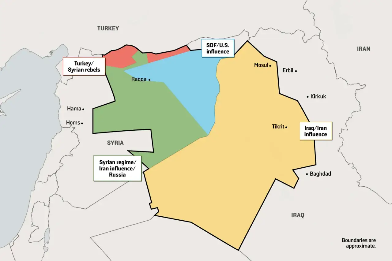 Mapa Syrii i Iraku z zaznaczonymi strefami wpływów: Turcji, SDF/USA, Iraku/Iranu i reżimu syryjskiego. Dawne terytoria Państwa Islamskiego.