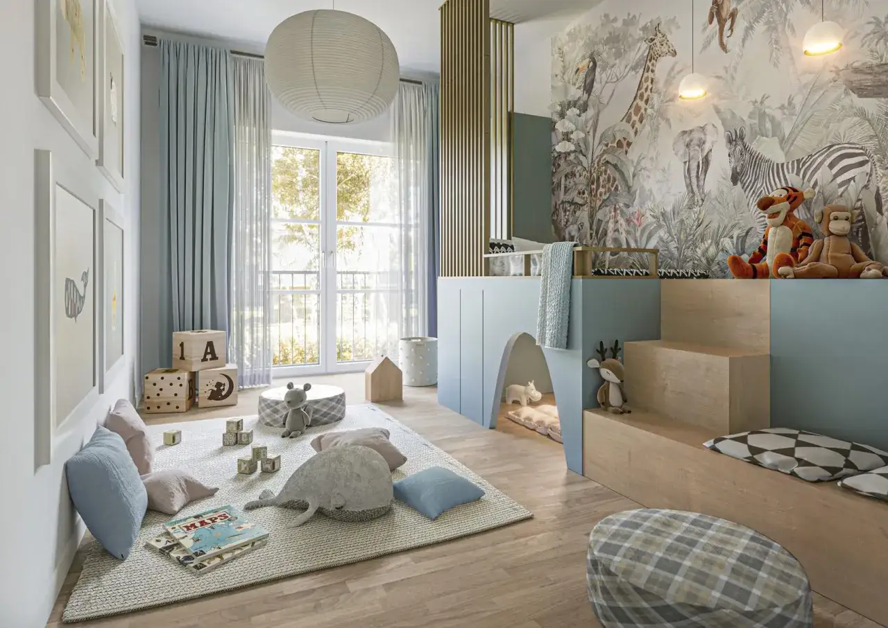 Ein verspieltes Kinderzimmer mit Dschungel-Tapete, Spielzeug und einer gem&uuml;tlichen Spielecke. Perfekt, wenn kinderzimmer einrichten!