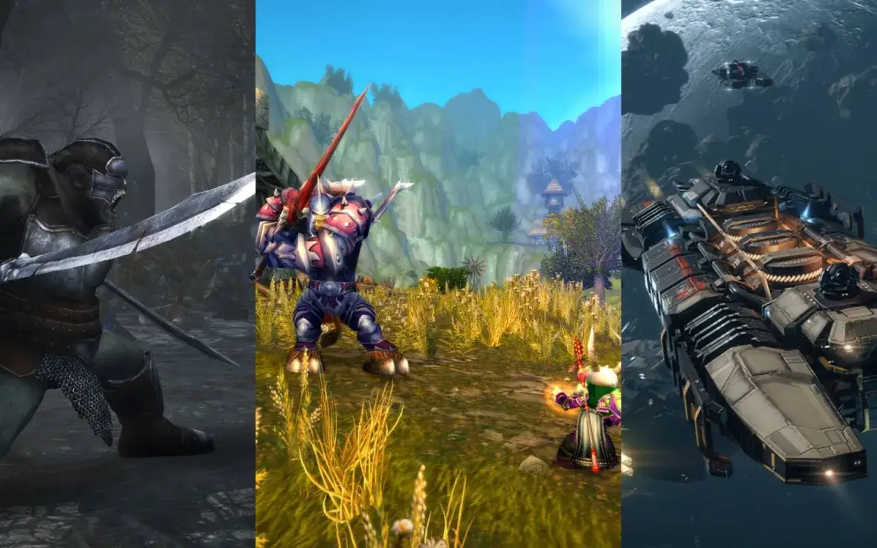 Trzy sceny z gier: ork z mieczem w lesie, wojownik w krainie fantasy i statek kosmiczny. Klasyczne stare gry mmorpg.