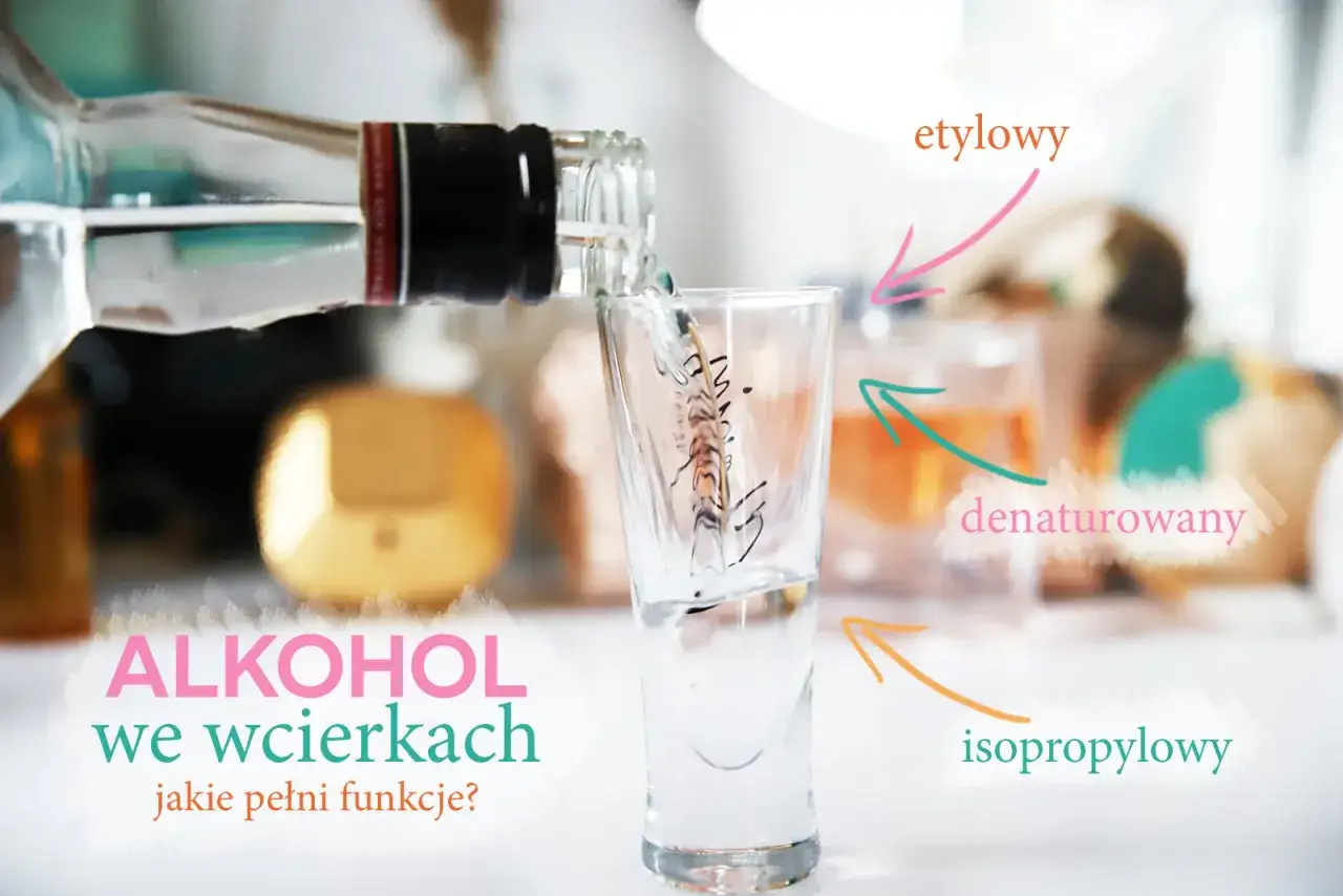 Wylewanie alkoholu denat. do kieliszka. W tle kosmetyki i napisy: etylowy, denaturowany, izopropylowy.
