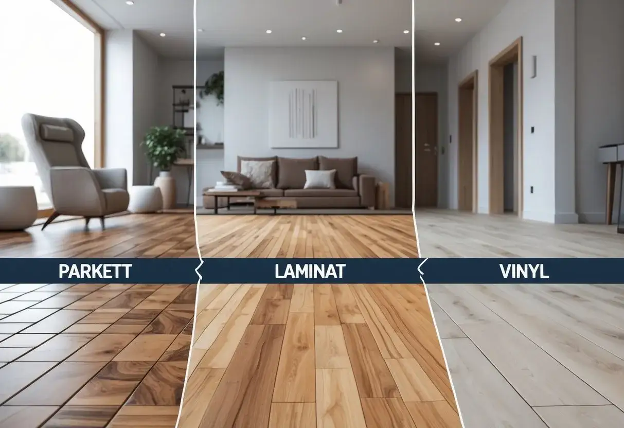 Tre olika golvtyper: parkett, laminat och vinyl. Välj det perfekta golvet för att byta ut ditt gamla.