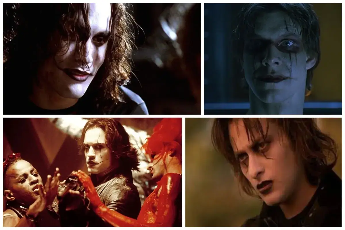 Fyra närbilder på Eric Draven, ikonen från rollistan i The Crow, med sitt karaktäristiska smink och mörka hår.