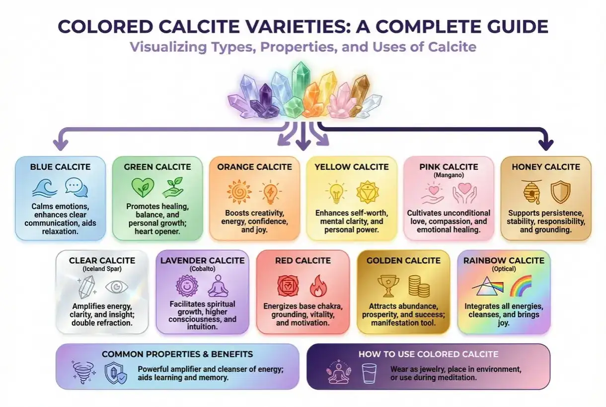 Bunte Calcit-Sorten: Übersicht über Typen, Eigenschaften und die Wirkung von Calcit. Von beruhigendem Blau bis zu erdendem Honig-Calcit.