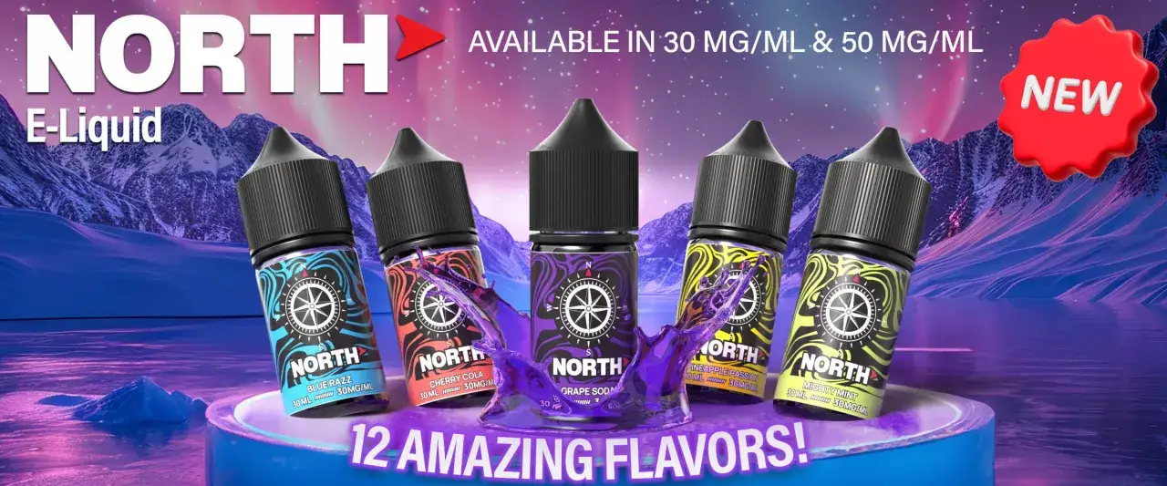 Botellas de eliquid NORTH con sabores vibrantes, disponibles en 30 y 50 mg/ml. ¡Descubre 12 sabores increíbles!