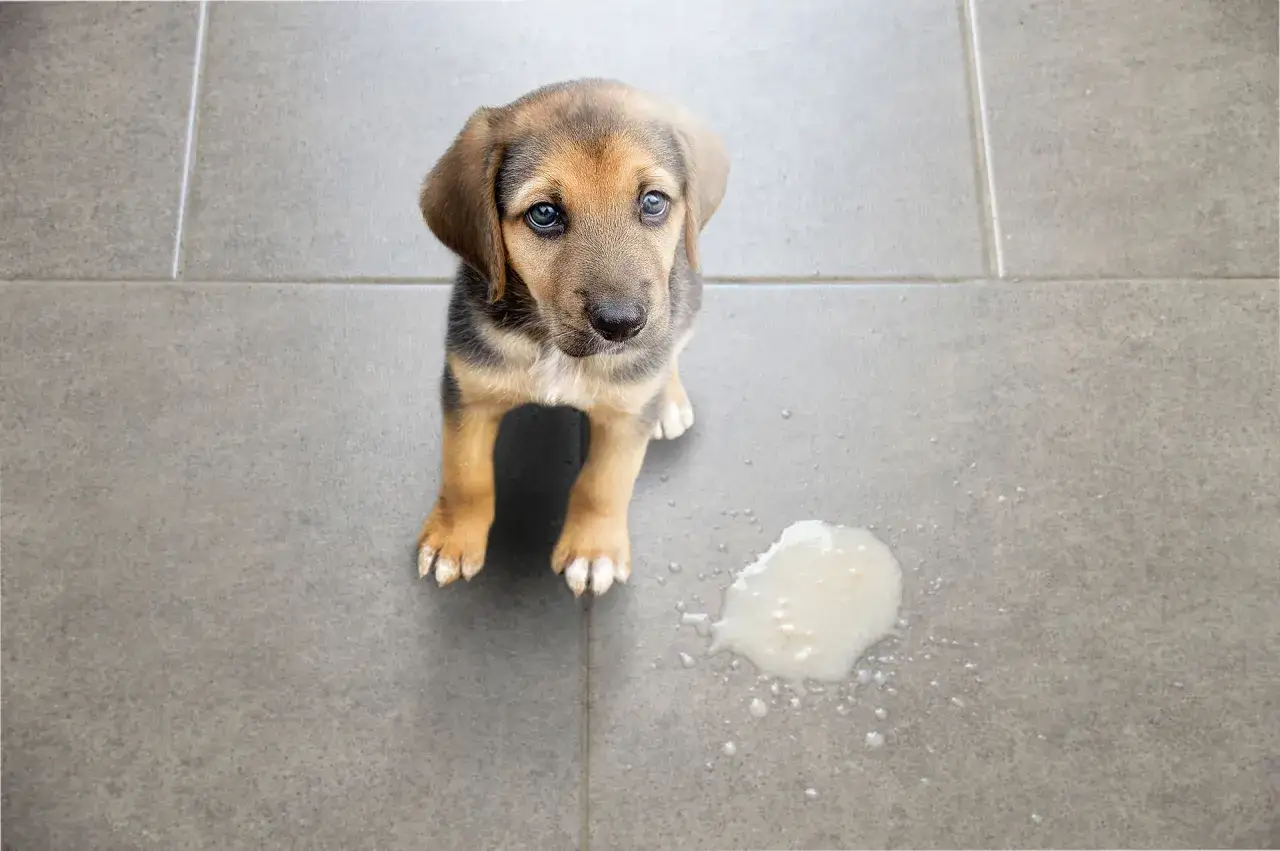 Dolce cucciolo con occhi tristi accanto a una macchia, forse quando il cane vomita.