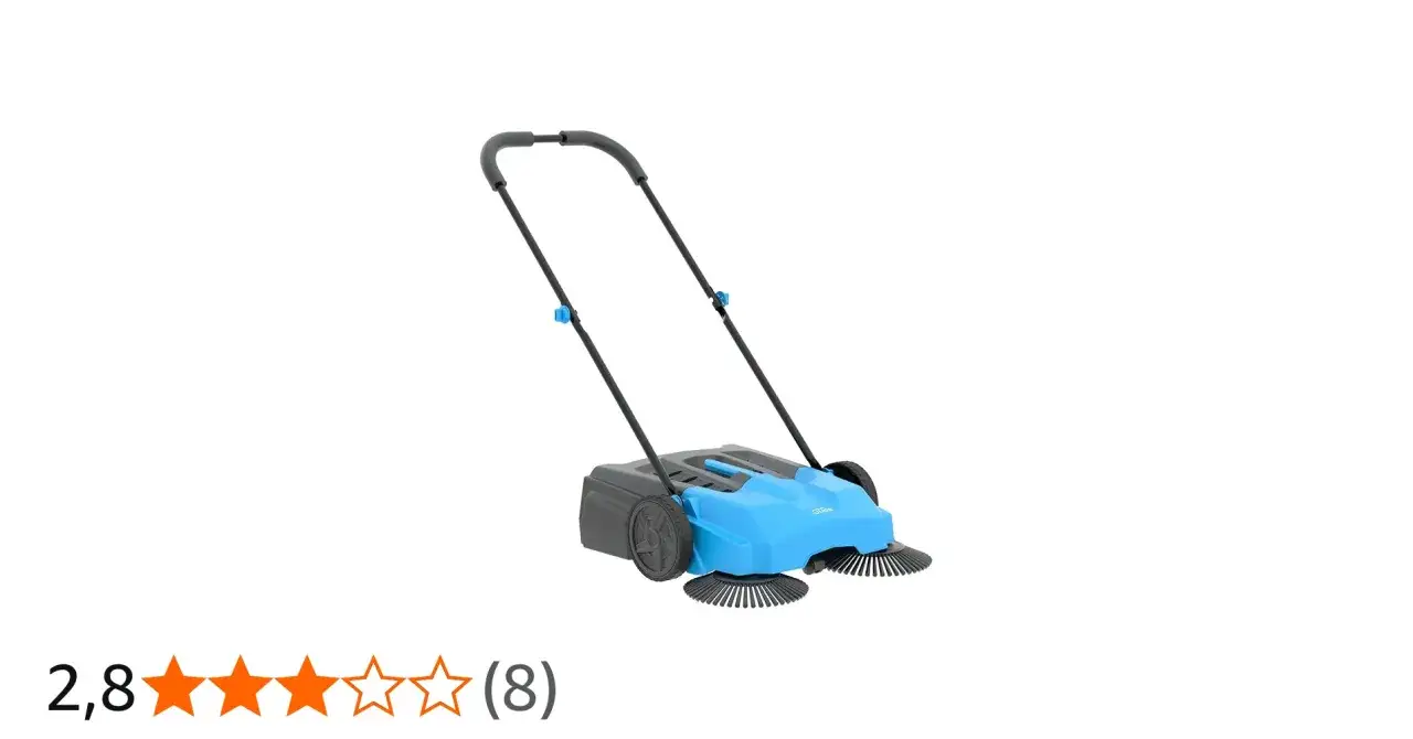 Die Güde Kehrmaschine GKM 700 mit zwei Bürsten und blauem Gehäuse erleichtert die Reinigung von Wegen und Höfen.
