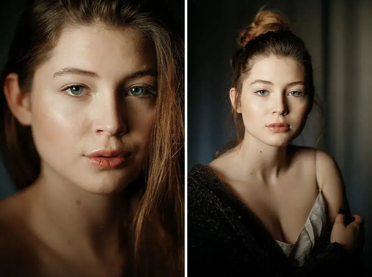 Dwie portretowe fotografie młodej modelki TFP. Na lewym zdjęciu zbliżenie na twarz, na prawym modelka w swetrze, z włosami upiętymi w kok.