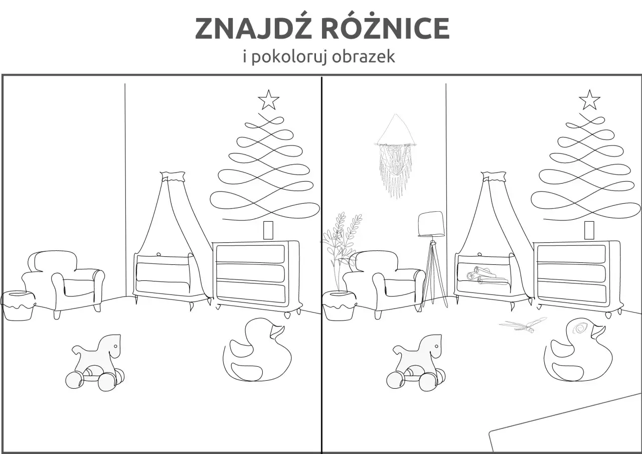 Znajdź różnice dla dzieci w dwóch pokojach. Na obrazkach są meble, zabawki i ozdoby.