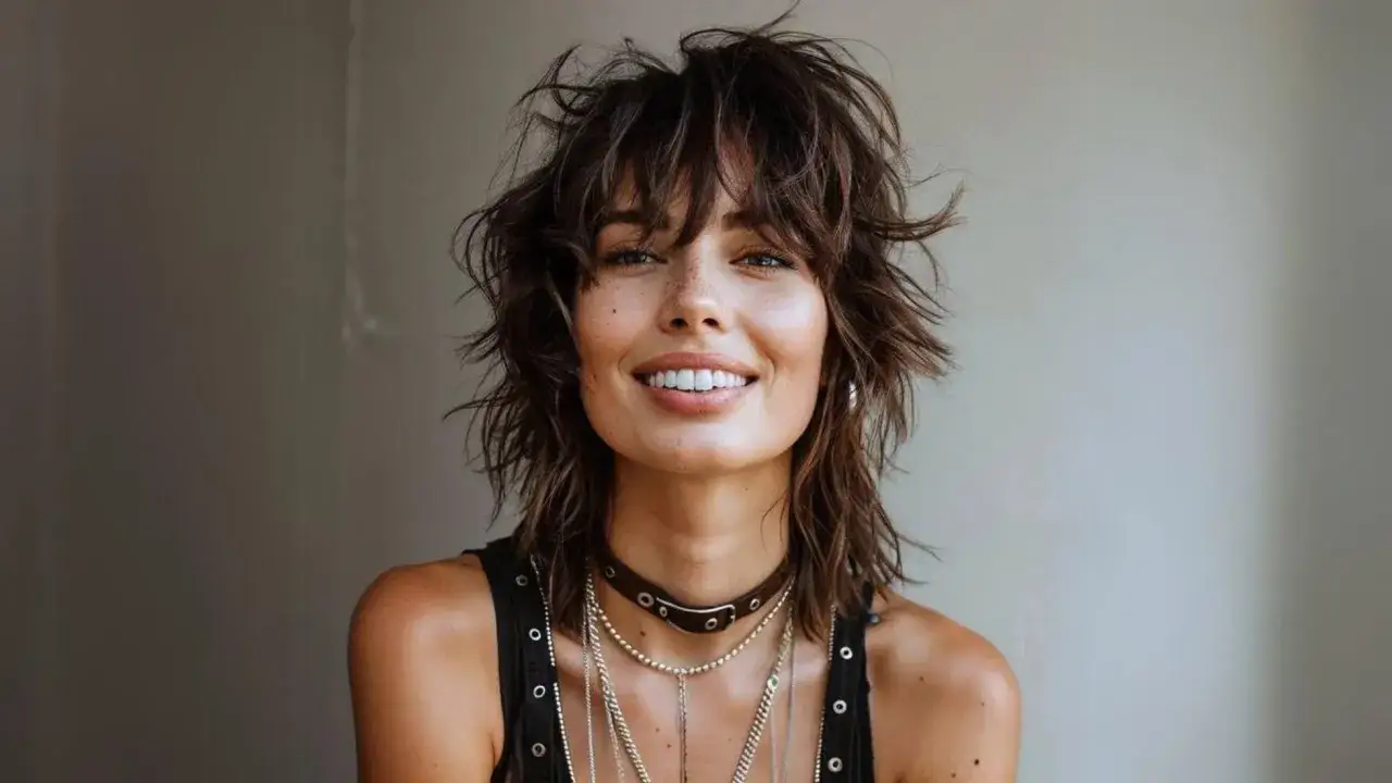 Mujer sonríe con un corte mulet desordenado y moderno, adornada con collares plateados y un choker de cuero.