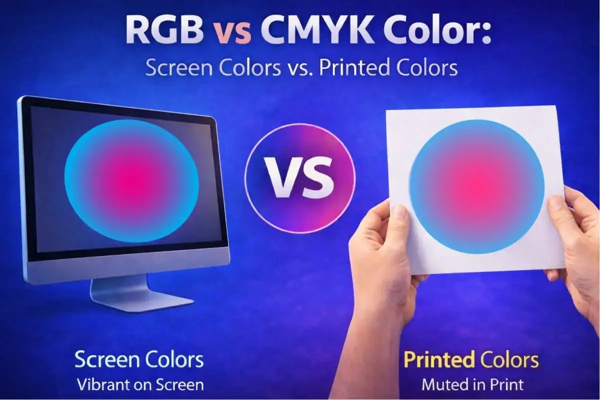 Porównanie RGB i CMYK: żywe kolory na ekranie monitora kontra przygaszone barwy wydruku.
