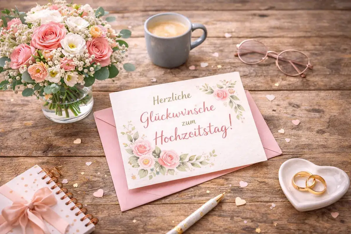 Herzliche Glückwünsche zum Hochzeitstag! Ein Strauß Rosen, Kaffee und zwei Ringe auf einem Herzschälchen – ein Bild für 90 Jahre verheiratet.