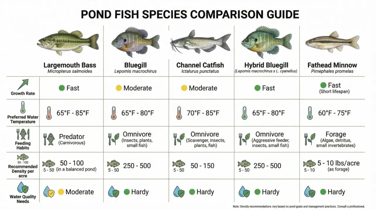 Guide comparatif des espèces de poisson de bassin : achigan, crapet arlequin, poisson-chat, crapet hybride et tête-de-boule.