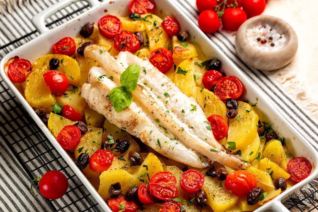 Rape al horno con patatas, tomates cherry y aceitunas negras, decorado con albahaca fresca. Un plato delicioso y saludable.
