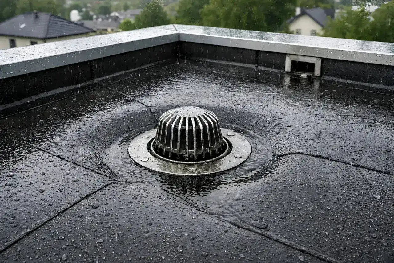 Regenwasser sammelt sich auf dem undichten Garagendach. Der Abfluss ist verstopft, Wasser staut sich und fließt nicht ab.