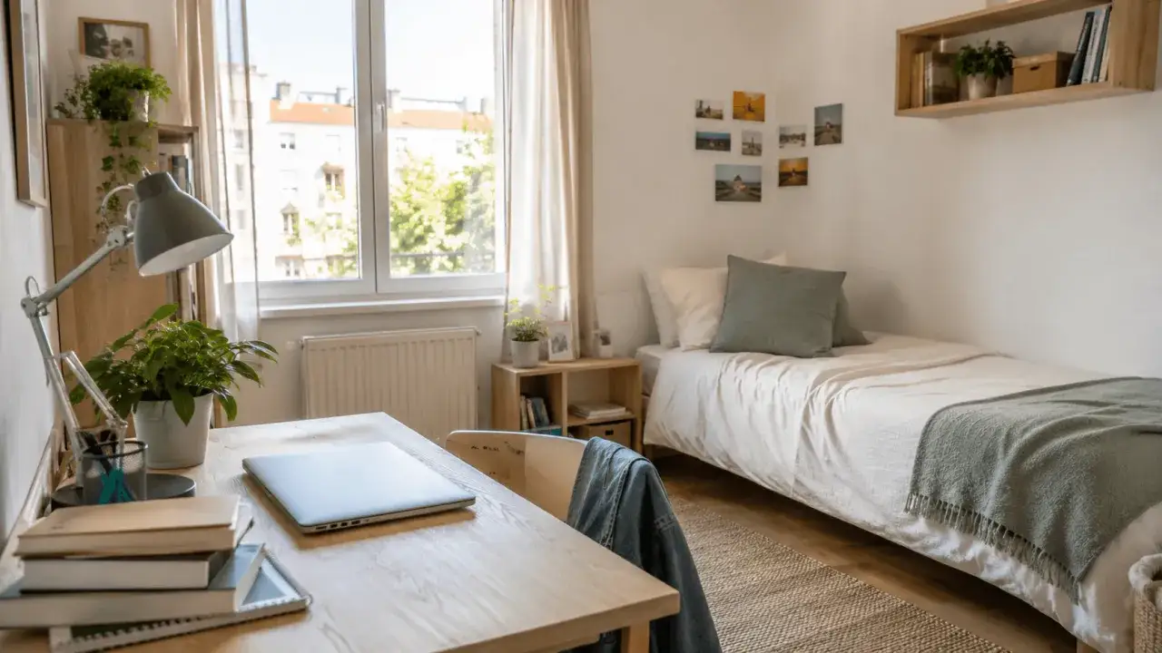 Accogliente stanza con letto singolo, scrivania e finestra. Ideale per un affitto parziale prima casa, offre uno spazio funzionale e luminoso per studiare e rilassarsi.