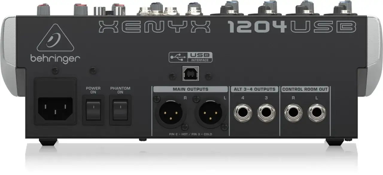 Tylny panel miksera Behringer Xenyx 1204USB z portami USB, zasilania, phantom power, wyjściami głównymi XLR oraz wyjściami jack.