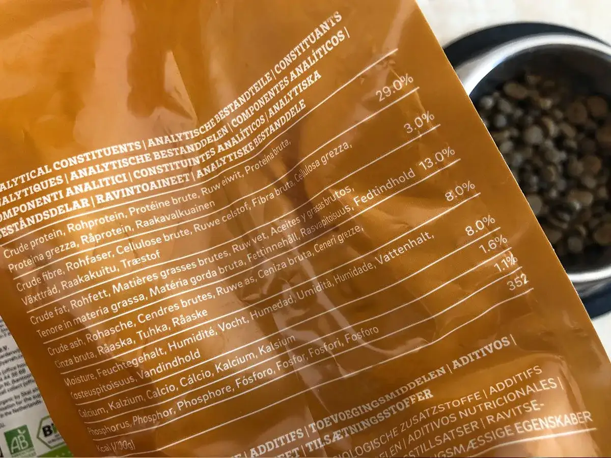 Ingrédients pour choisir croquettes chat : protéines 29%, lipides 13%, cendres 1.1%, humidité 8%.